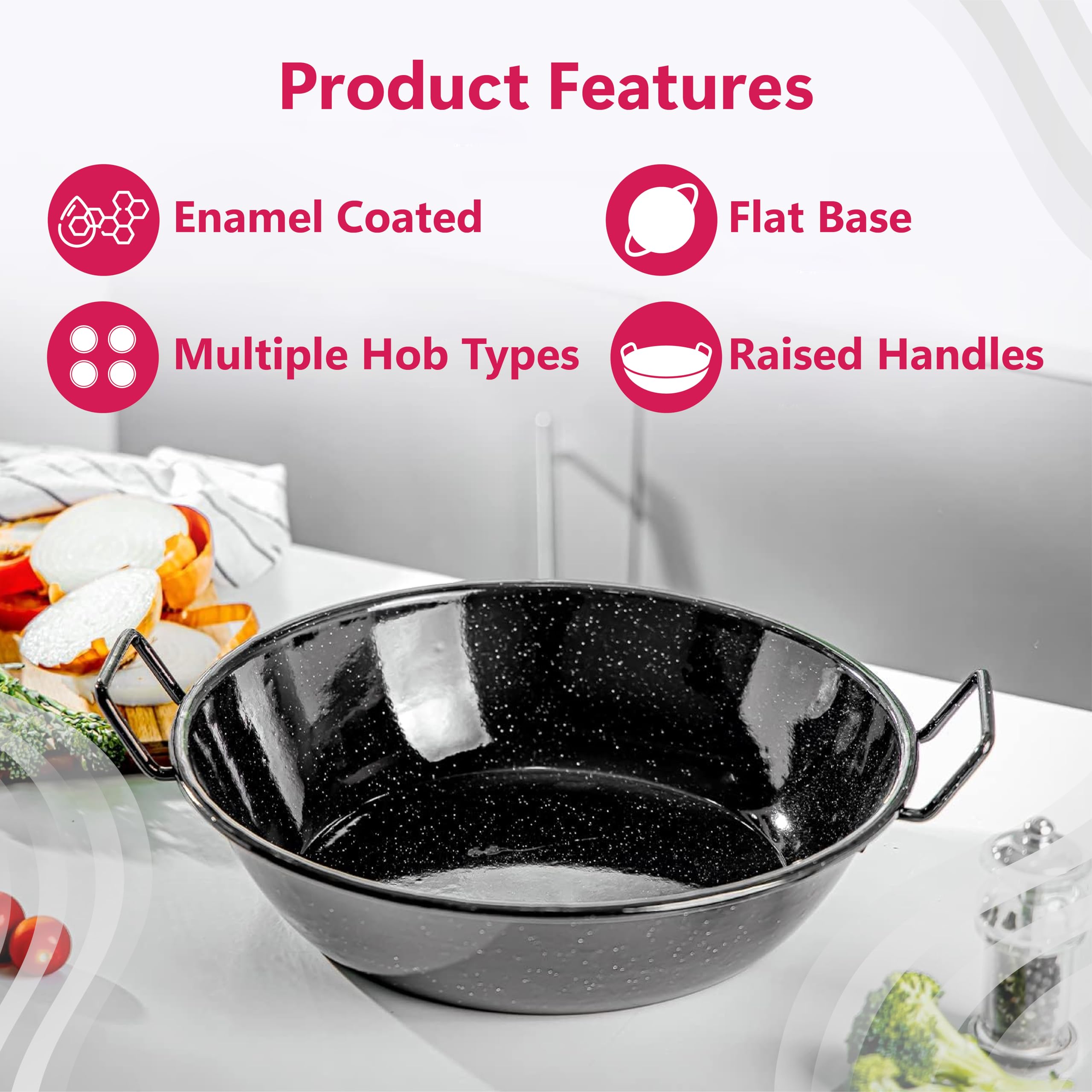 STL Enamel Wok Pan Kadhai with Raised Handles, Induction Safe, Flat Base for Even Heat Distribution, Heavy Duty Karahi for Shallow & Deep Frying, Black White Dots Design