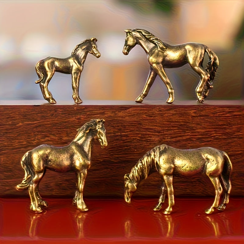 4pcs Bronze Mini Horse Figurines – Micro-Sculpted Metal Ornaments, Fine Detailing, Handcrafted Artistic Decor for Fish Tank, Bonsai, Garden, Room, Collectors, Small Sculptures, Ornamental Decorative Sculptures