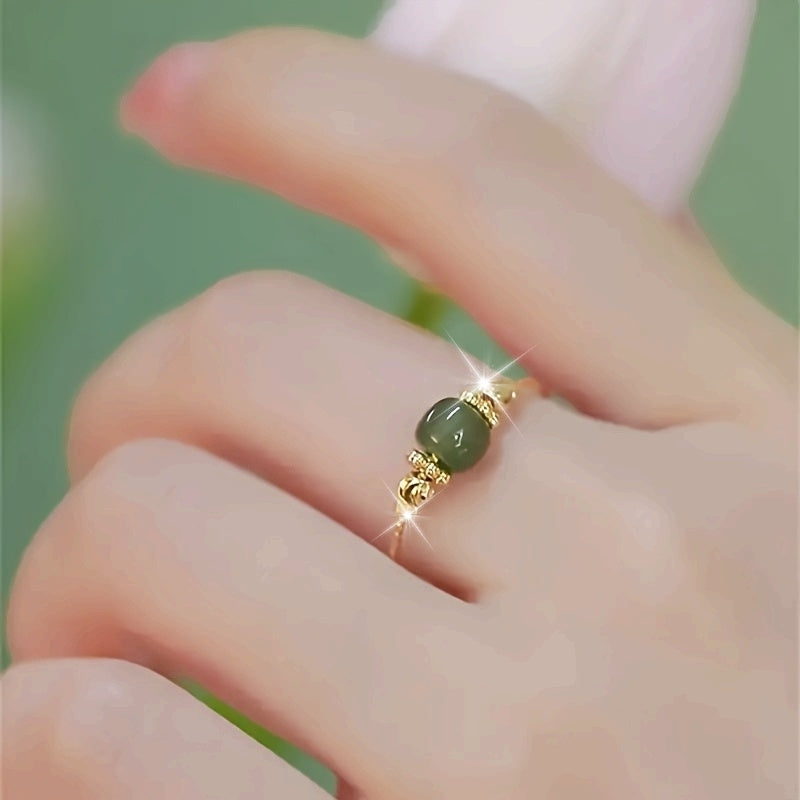 Elegant Green Jade-like Bead Ring, Exquisitely Designed, a Versatile Daily Luxury Jewelry for Women