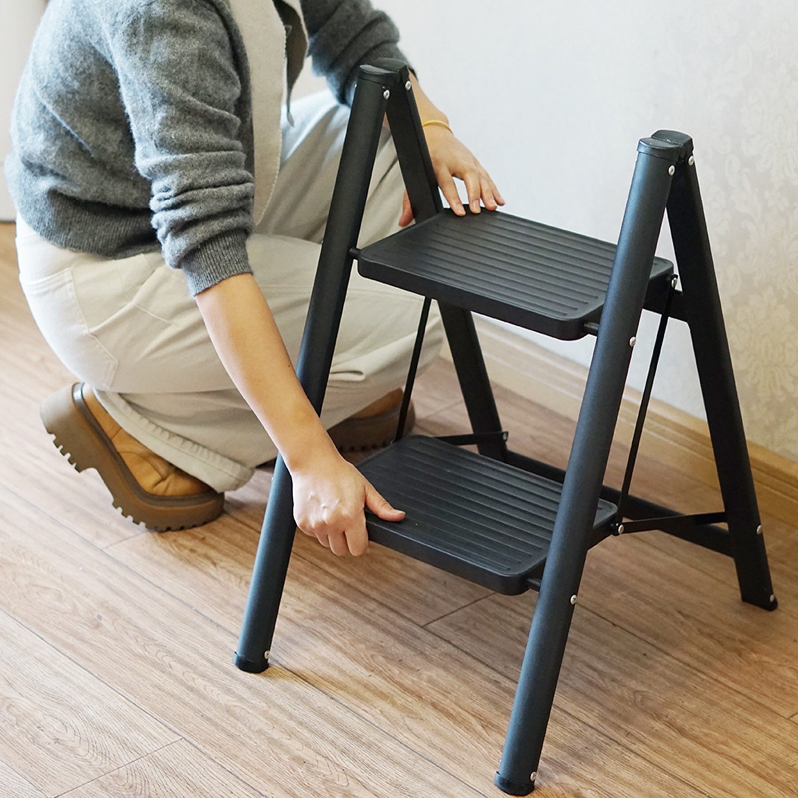 2 Step Ladder Black Folding Stool Non Slip Heavy Duty Carbon Steel Lightweight
