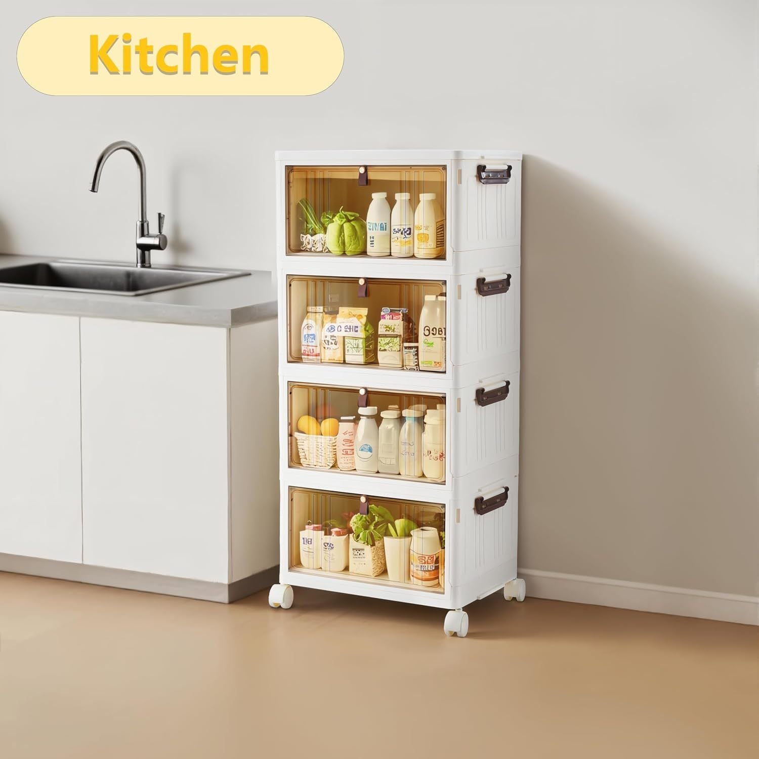 Stackable Storage Box with Wheels, 4 Levels, 28 L