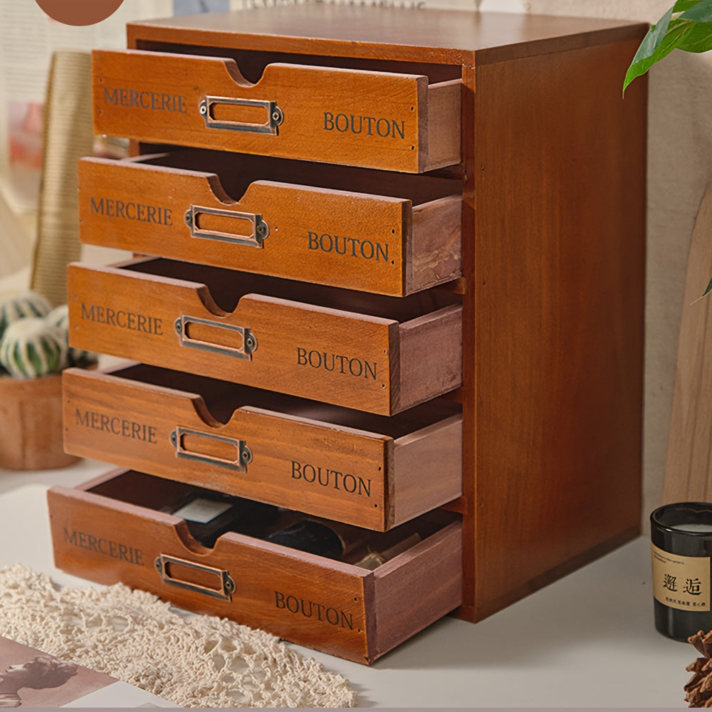 1pc retro five-layer wooden storage cabinet technology storage drawer multi-layer toolbox Ideal home office storage and accessories are suitable for jewelry storage., Storage Drawer Units