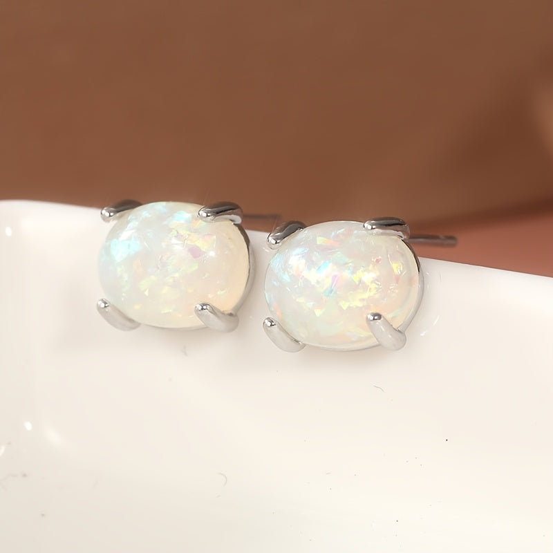 Earrings Featuring White Opal Gemstones, Designed As Post Earrings, Made from Lab-Created Opal, with an Oval Shape, Perfect for a Small Gift