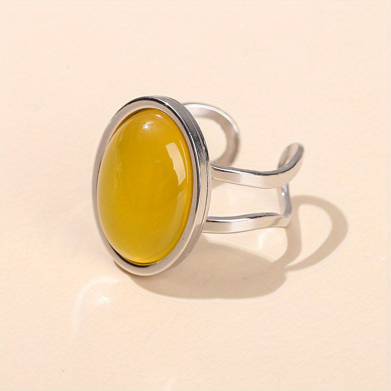 1pc Natural Stone Red Yellow Black Agate Oval Shape Stainless Steel Open Ring Women Vintage Rings Jewelry