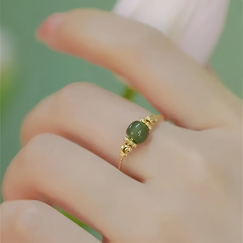 Elegant Green Jade-like Bead Ring, Exquisitely Designed, a Versatile Daily Luxury Jewelry for Women