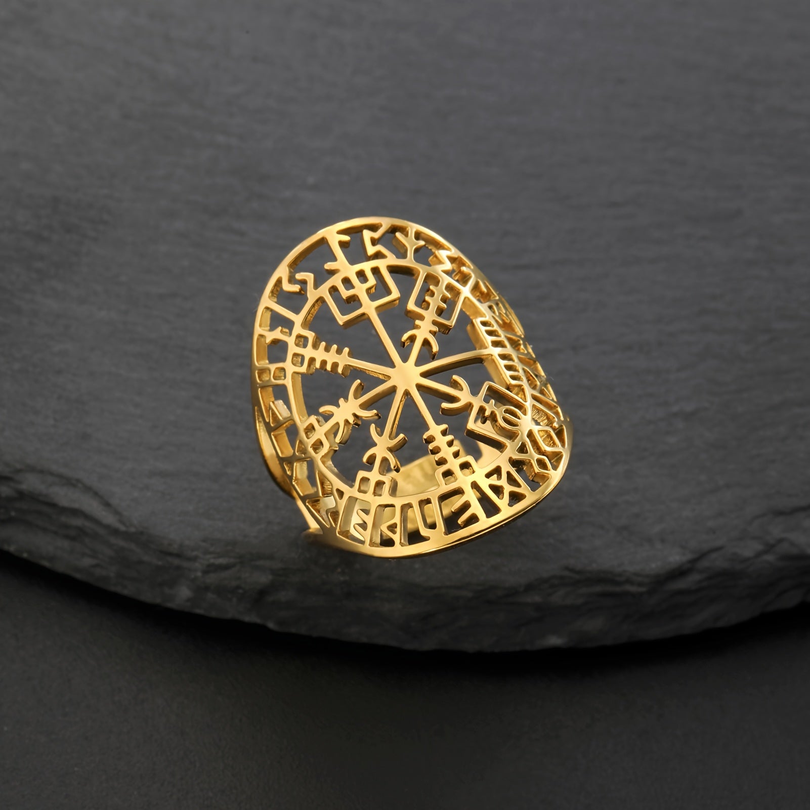 1pc Vintage Norse Rune Compass Protection and Guidance Amulet Women's Fashion  Open Ring, Stylish Adjustable Elegant Ring, Hand-Cut Stainless Steel Anniversary Gift, Middle Eastern Style Directional Rune Ring for Men, Women, Couples