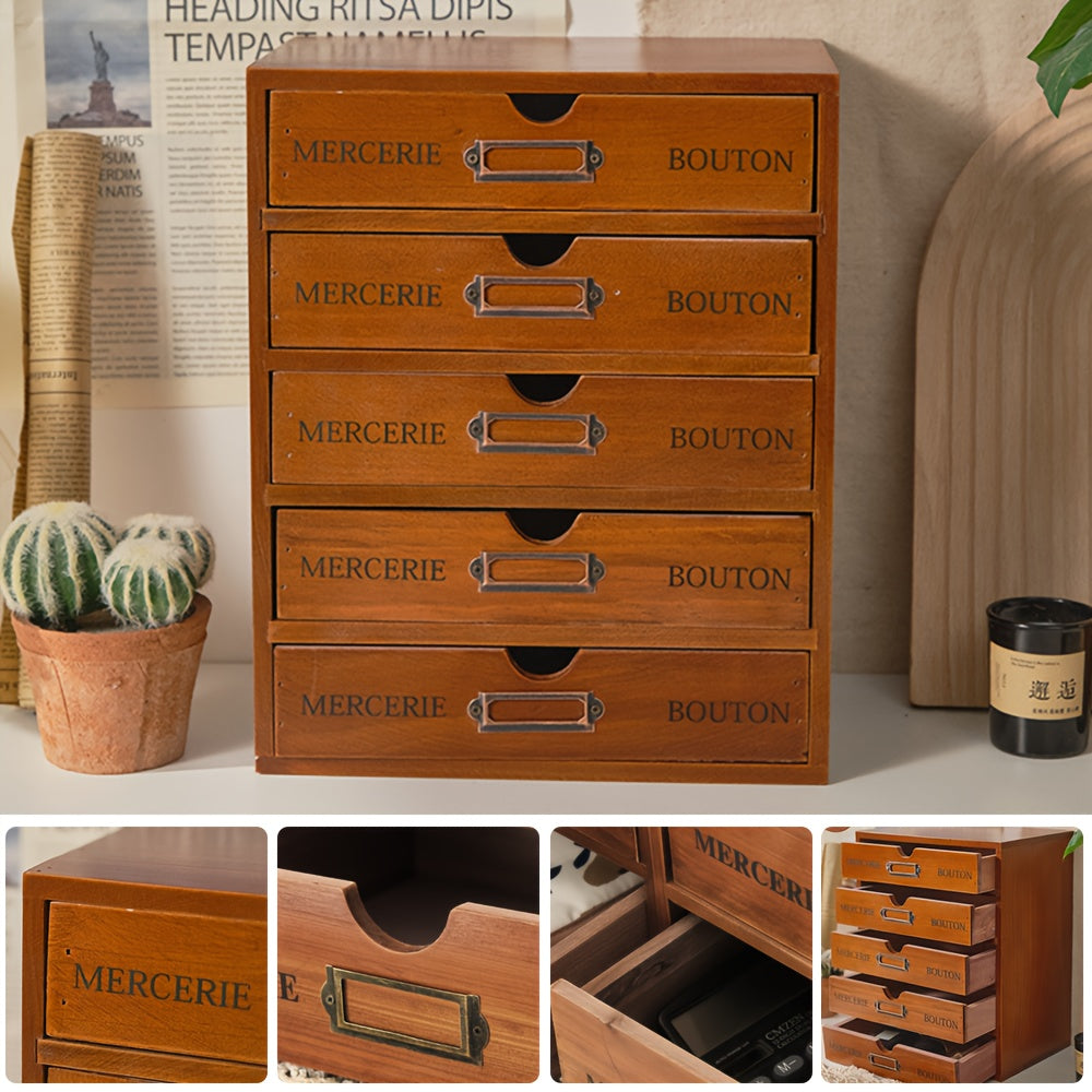 1pc retro five-layer wooden storage cabinet technology storage drawer multi-layer toolbox Ideal home office storage and accessories are suitable for jewelry storage., Storage Drawer Units
