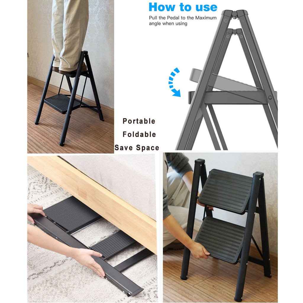 2 Step Ladder Black Folding Stool Non Slip Heavy Duty Carbon Steel Lightweight
