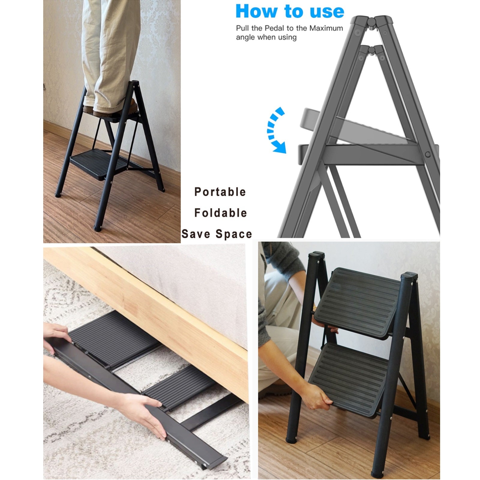 2 Step Ladder Black Folding Stool Non Slip Heavy Duty Carbon Steel Lightweight