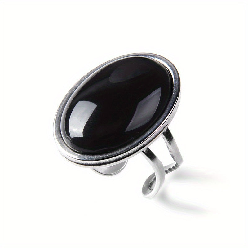 1pc Natural Stone Red Yellow Black Agate Oval Shape Stainless Steel Open Ring Women Vintage Rings Jewelry