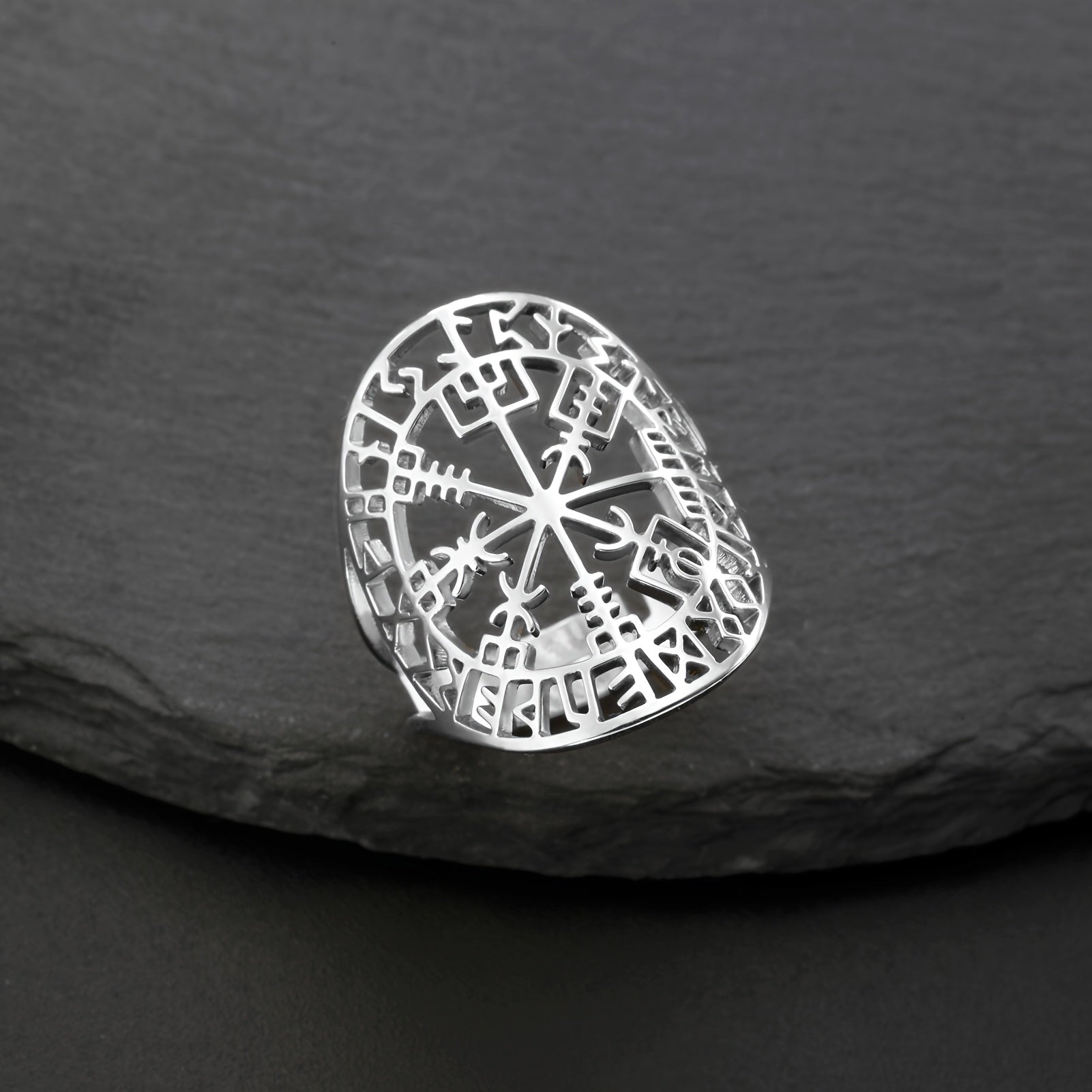1pc Vintage Norse Rune Compass Protection and Guidance Amulet Women's Fashion  Open Ring, Stylish Adjustable Elegant Ring, Hand-Cut Stainless Steel Anniversary Gift, Middle Eastern Style Directional Rune Ring for Men, Women, Couples