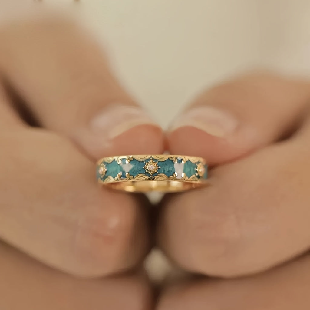 Niche Enamel Ring with Exquisite Teal Enamel Pattern, Aesthetically Pleasing and High-end Design