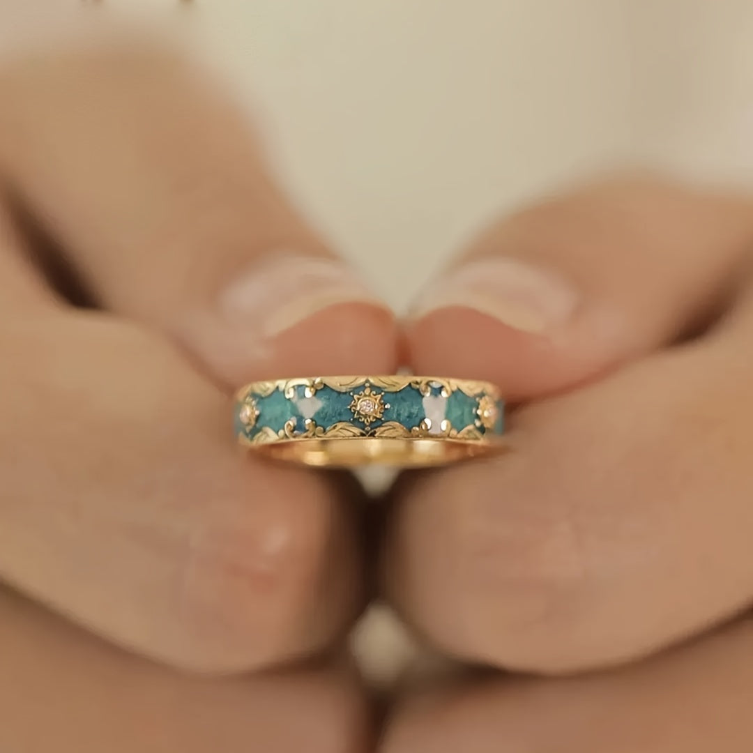 Niche Enamel Ring with Exquisite Teal Enamel Pattern, Aesthetically Pleasing and High-end Design