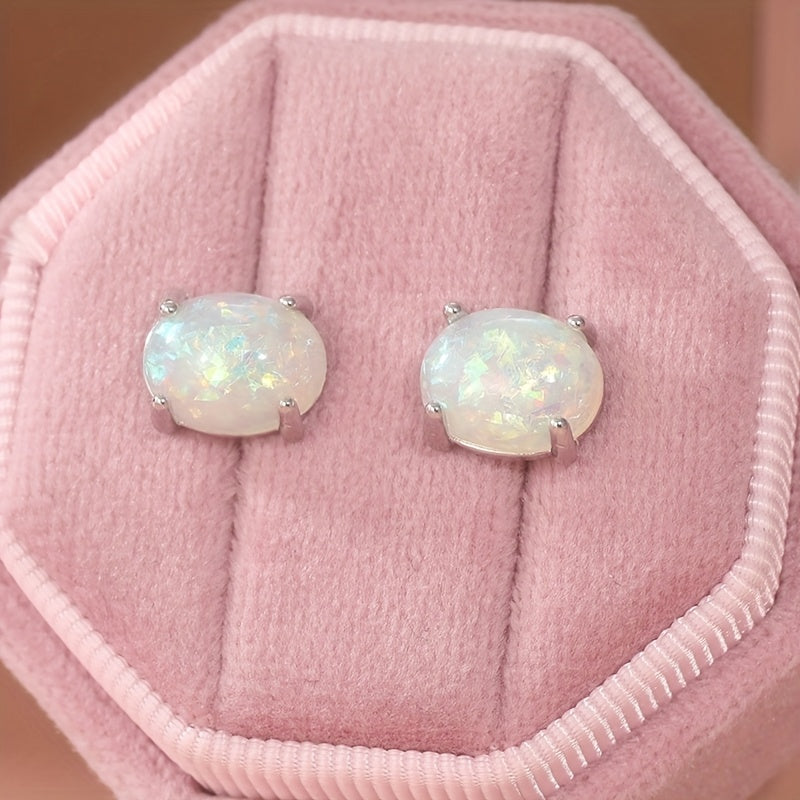Earrings Featuring White Opal Gemstones, Designed As Post Earrings, Made from Lab-Created Opal, with an Oval Shape, Perfect for a Small Gift