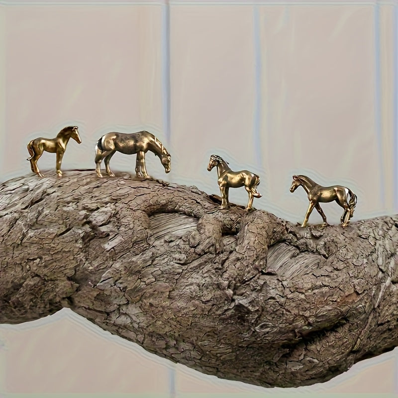 4pcs Bronze Mini Horse Figurines – Micro-Sculpted Metal Ornaments, Fine Detailing, Handcrafted Artistic Decor for Fish Tank, Bonsai, Garden, Room, Collectors, Small Sculptures, Ornamental Decorative Sculptures