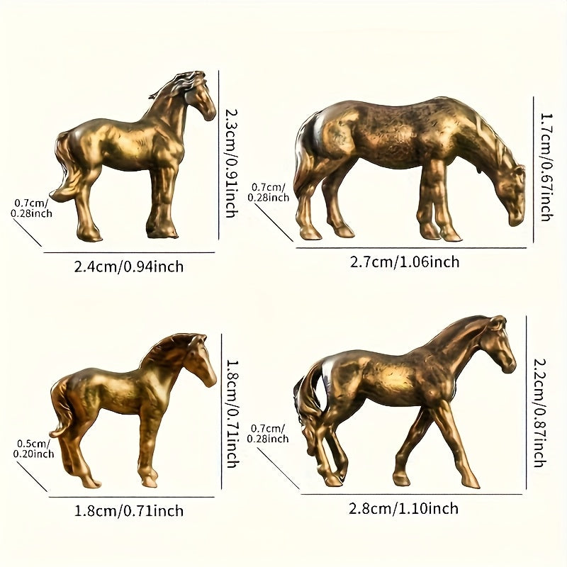 4pcs Bronze Mini Horse Figurines – Micro-Sculpted Metal Ornaments, Fine Detailing, Handcrafted Artistic Decor for Fish Tank, Bonsai, Garden, Room, Collectors, Small Sculptures, Ornamental Decorative Sculptures