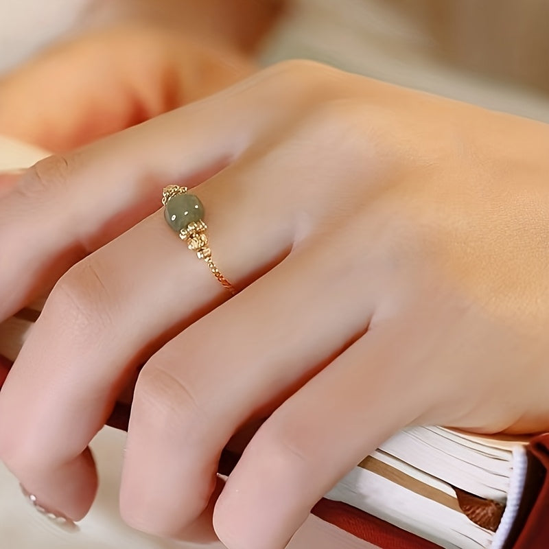 Elegant Green Jade-like Bead Ring, Exquisitely Designed, a Versatile Daily Luxury Jewelry for Women