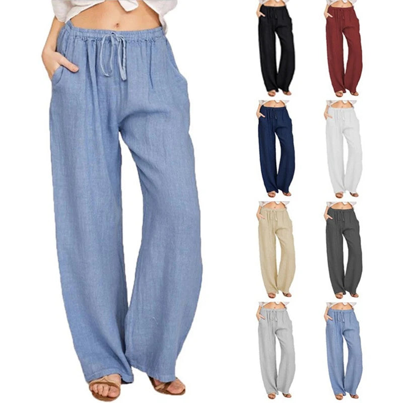 Linen Pants Summer and Autumn Solid High Waist Wide-Leg Trousers Female Loose Hemp Casual Breathable Sports Pants