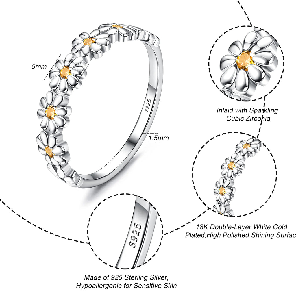 Fansilver Wedding Ring S925 Sterling Silver Daisy Ring for Women Girls Flower Colorful Cubic Zirconia Statement Wedding Rings