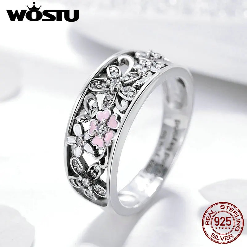 Flower Solid Silver 925 Ring Pink Zircon Daisy Flower Enamel Rings For Female Fingers Original Wedding Engagement Jewelry Gift