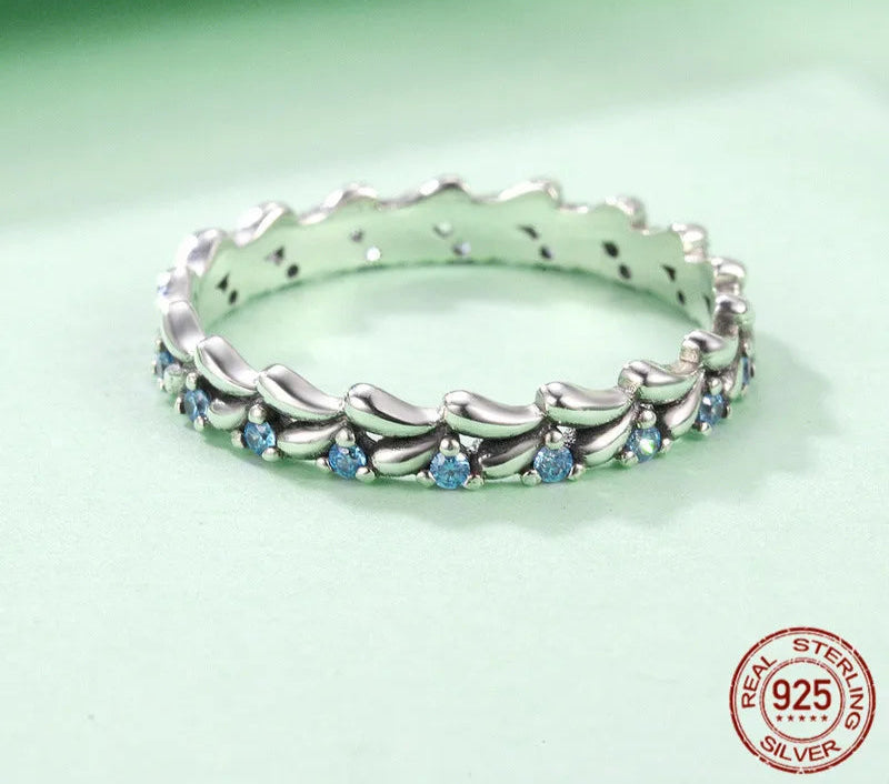Bamoer Blue Ocean Wave Finger Rings for Women Fashion Fresh Style Genuine 925 Sterling Silver Stackable Ring All-match Jewelry