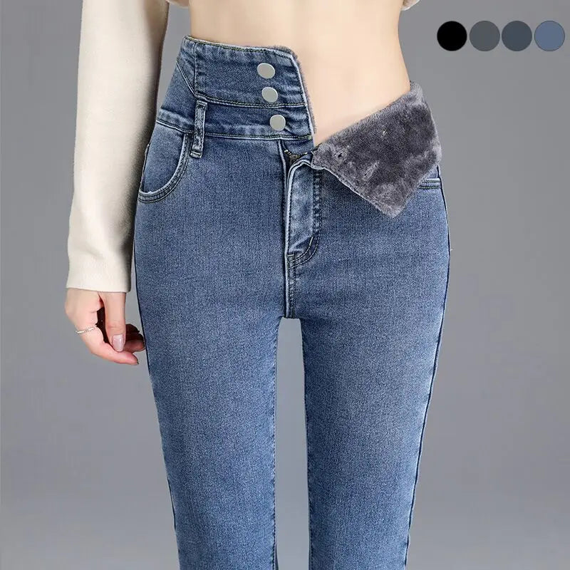 High-waist Skinny Jeans Thick Women Stretch Button Pencil Pants Mom Casual Jeans