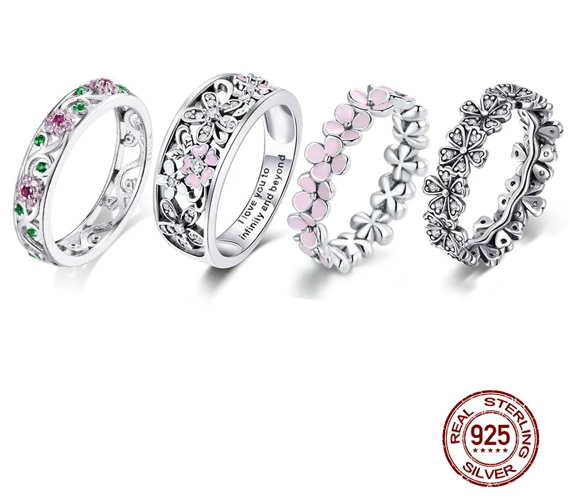 Flower Solid Silver 925 Ring Pink Zircon Daisy Flower Enamel Rings For Female Fingers Original Wedding Engagement Jewelry Gift