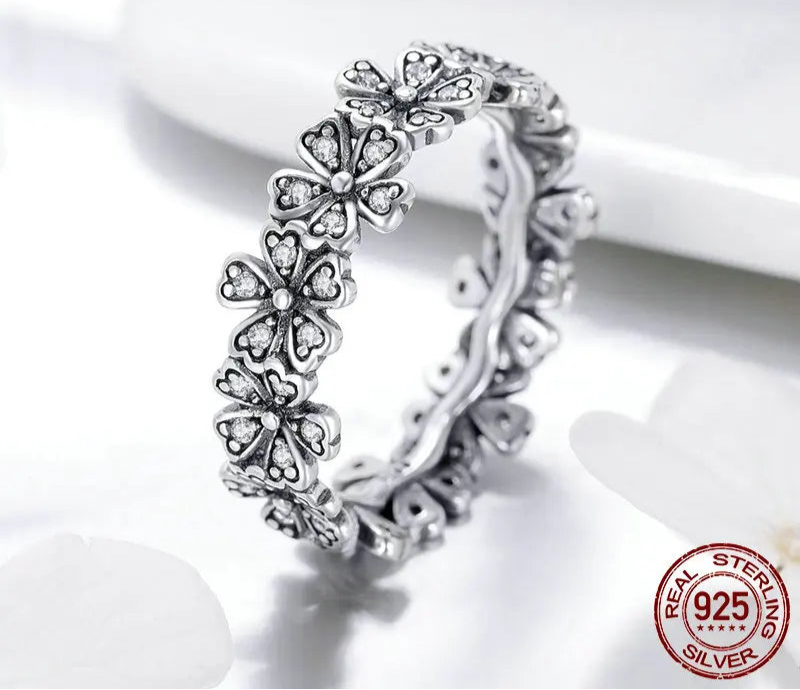 Solid 925 Sterling Silver Stacked Daisy Flower Finger Ring Floral Ring