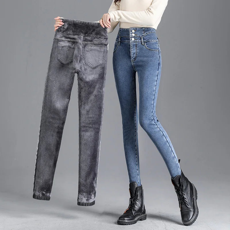 High-waist Skinny Jeans Thick Women Stretch Button Pencil Pants Mom Casual Jeans