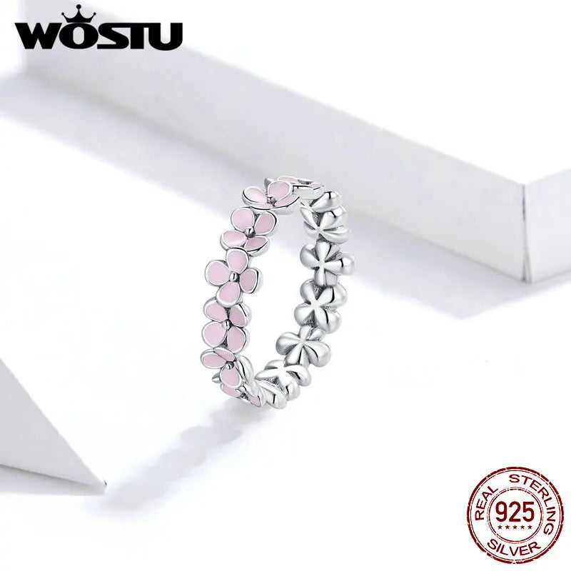 Flower Solid Silver 925 Ring Pink Zircon Daisy Flower Enamel Rings For Female Fingers Original Wedding Engagement Jewelry Gift