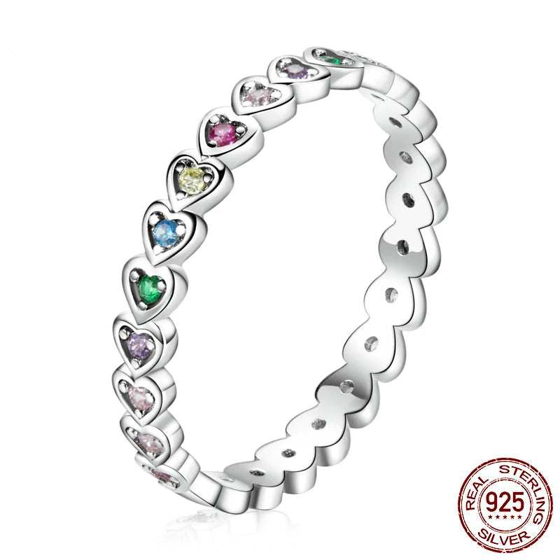 BAMOER Silver Rainbow Love Ring Crystal Heart 925 Sterling Silver Jewelry Enamel Colorful Stars Ring for Women Wedding Jewelry