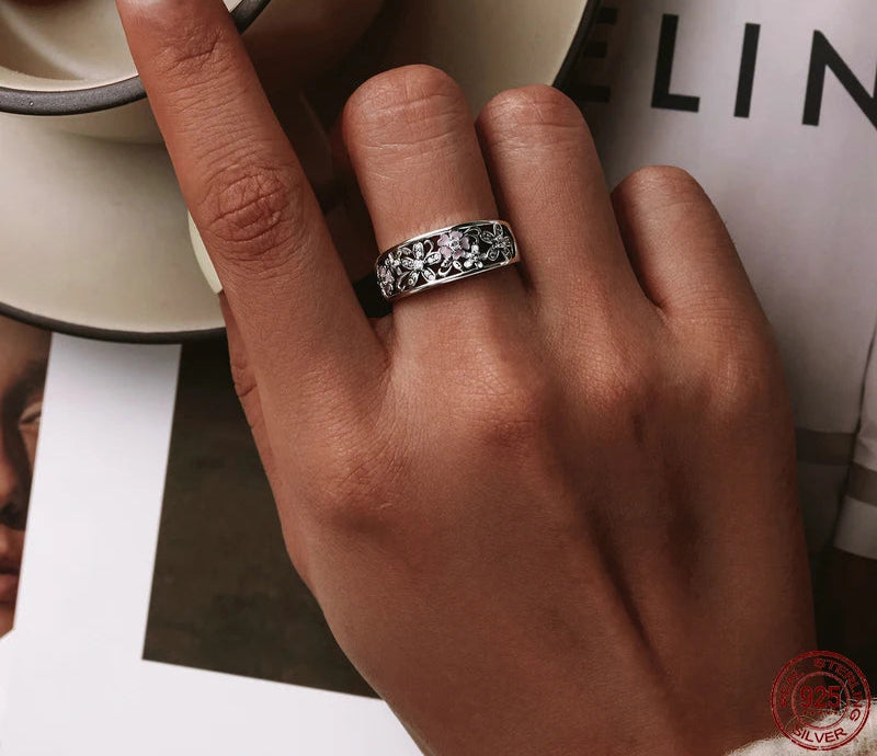 Bamoer Fashion Genuine 925 Sterling Silver Daisy Flower Finger Ring for Women Clear CZ Luxury Engagement Wedding Jewelry Gift