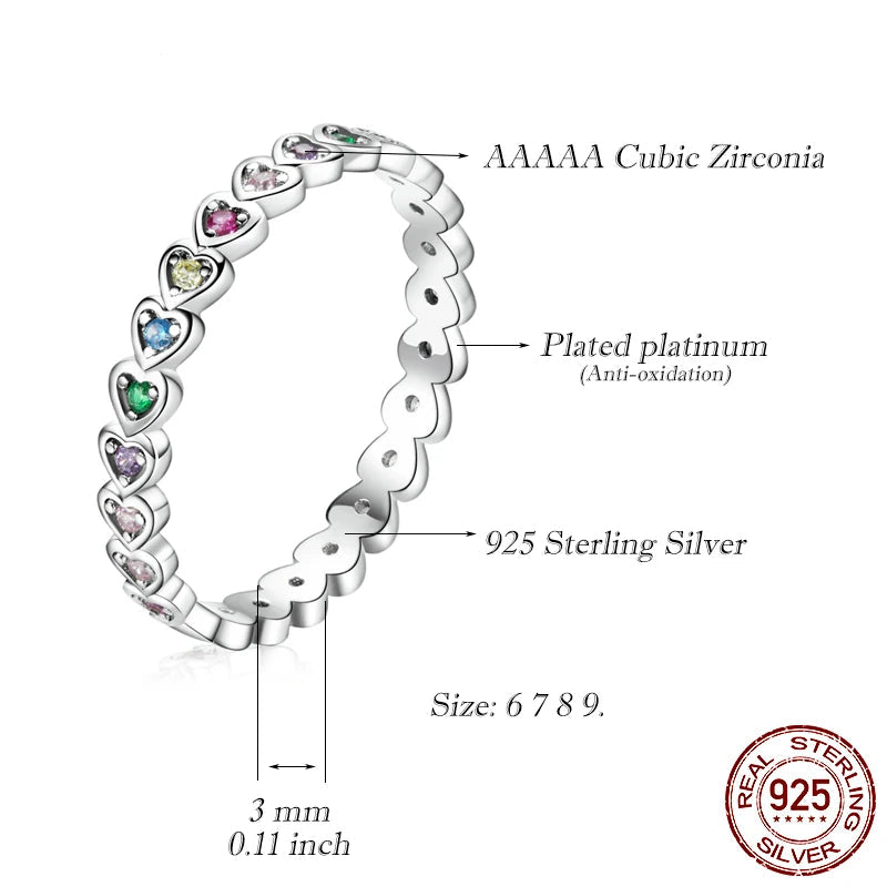BAMOER Silver Rainbow Love Ring Crystal Heart 925 Sterling Silver Jewelry Enamel Colorful Stars Ring for Women Wedding Jewelry