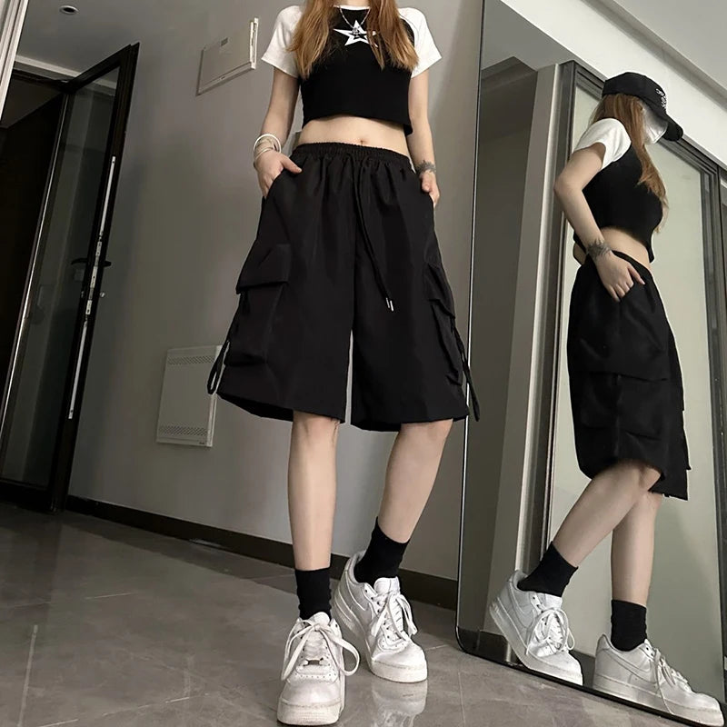 High Waist Cargo Shorts American Style Streetwear Summer Wide Leg Pants Fashion Female Big Pocket Loose Shorts New