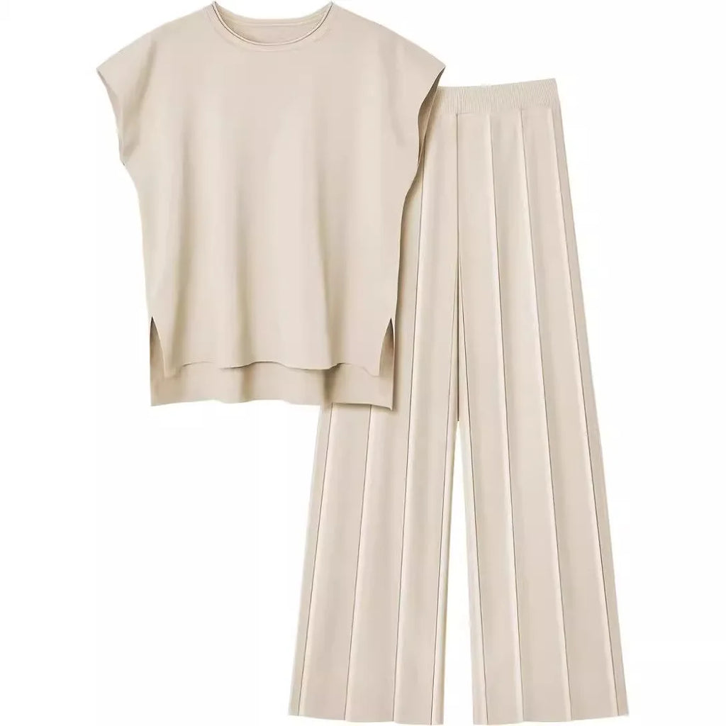Casual Suit, Elegant Sleeveless Vest Sweater  Wide-leg Pants Two-piece Set Top T shirt