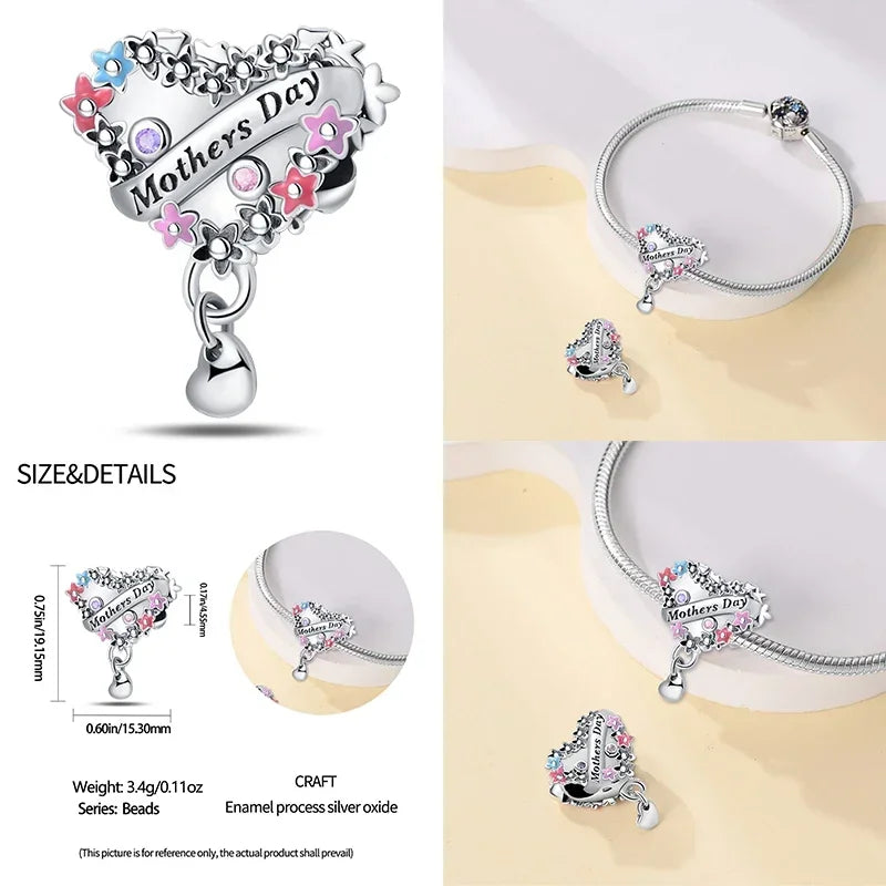 925 Sterling Silver  Heart Shaped Warm Family Love Mother Pendant Baby Feet Pacifier Charms Beads Fit Bracelet Jewelry Gift