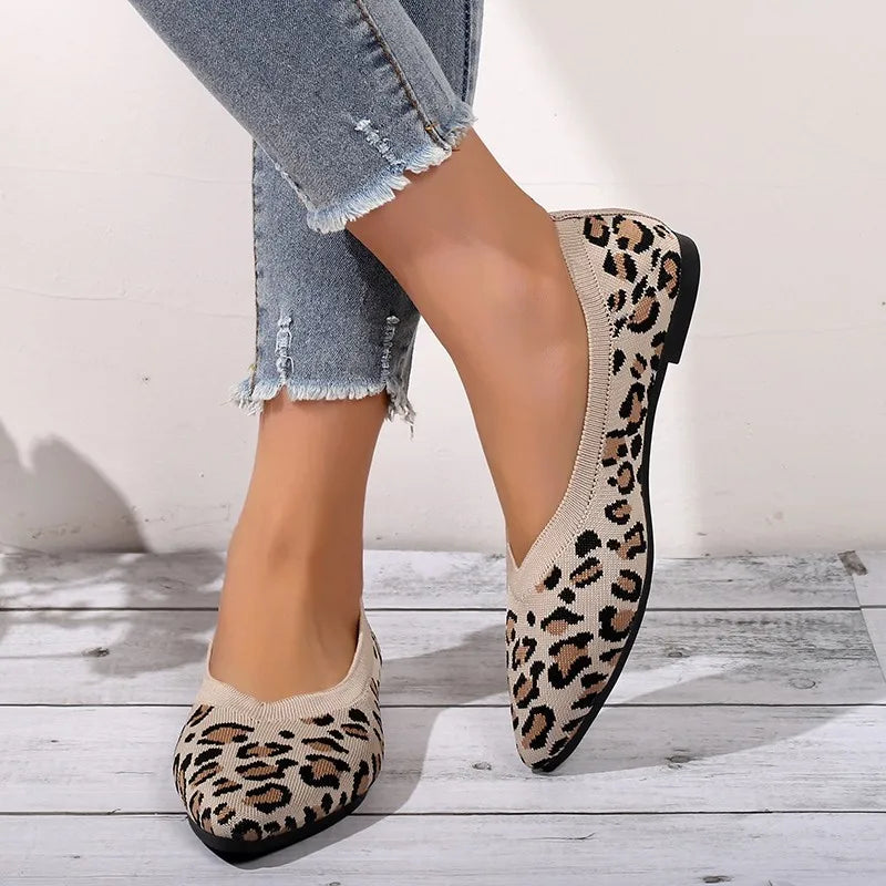 Elegant Ballet Flats Loafer Woman Point Toe Mesh Moccasins Ladies Big Size Leopard Loafers Soft Driving Shoes