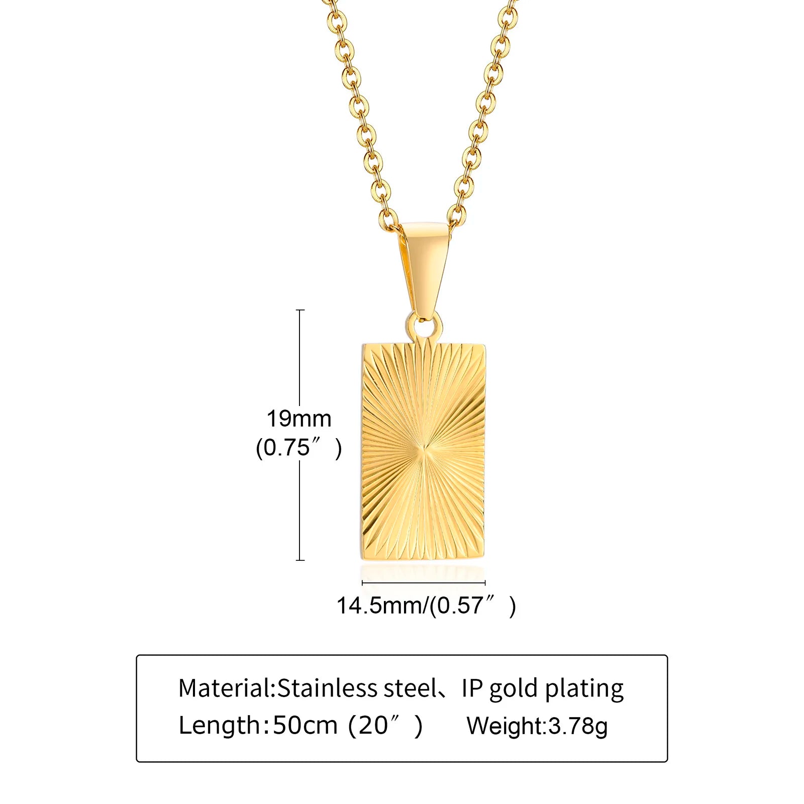 Necklace Gold Plated,Embossing Radiation Rectangle Pendant, Silver Sunburst Charm Necklaces Jewelry