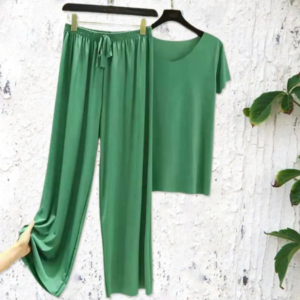 2 piece T-shirt Pants Set Loose Elastic Waist Women Top Trousers Set Stretchy Waist Summer T-shirt Pants Set
