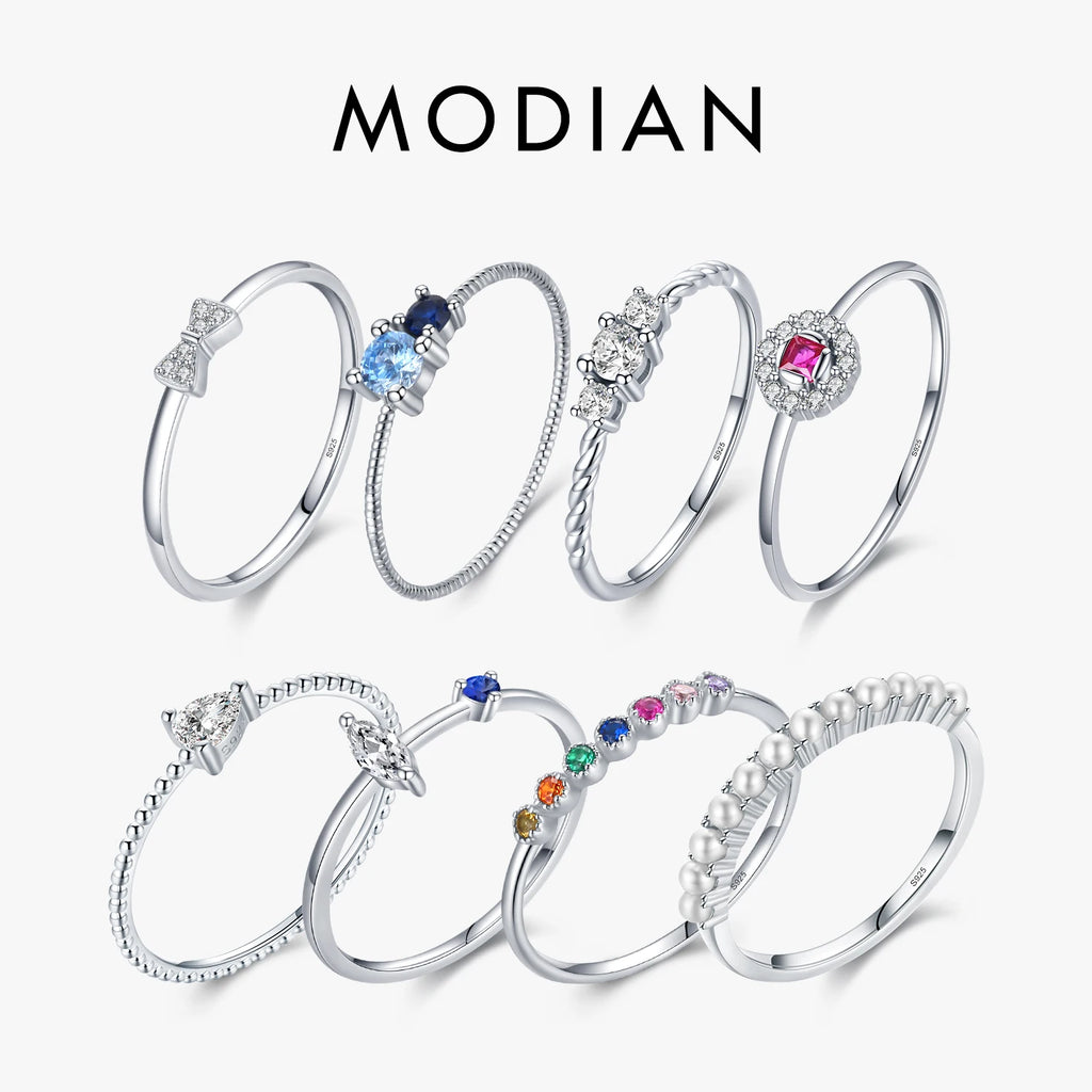 MODIAN 925 Sterling Silver Crown Bubble Pearl Rainbow Stackable Rings For Women Dazzling Clear CZ Wedding Engagement Jewelry