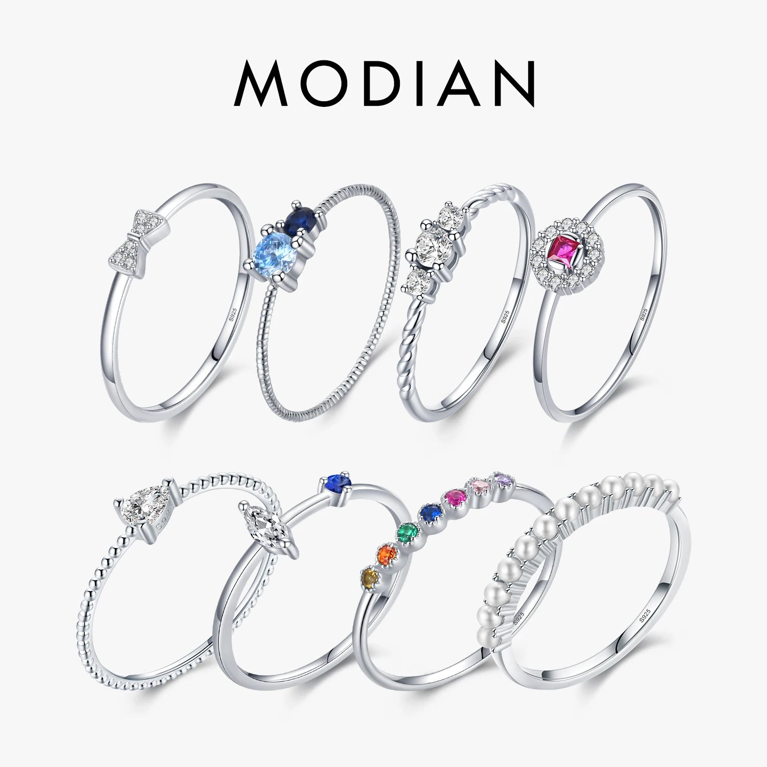 MODIAN 925 Sterling Silver Crown Bubble Pearl Rainbow Stackable Rings For Women Dazzling Clear CZ Wedding Engagement Jewelry