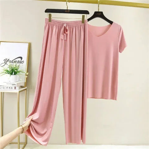 Ice Silk Women's Suit Summer New Sports Casual Bell Bottoms Short Sleeves 2-Piece Set Trendy Stylish