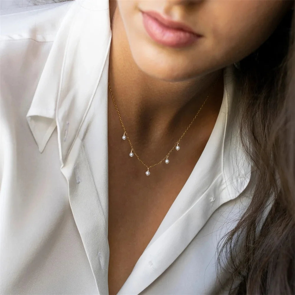 Multiple Small Pearl Dangle Necklace Gold / Silver Color Simple Chain Daily Gift