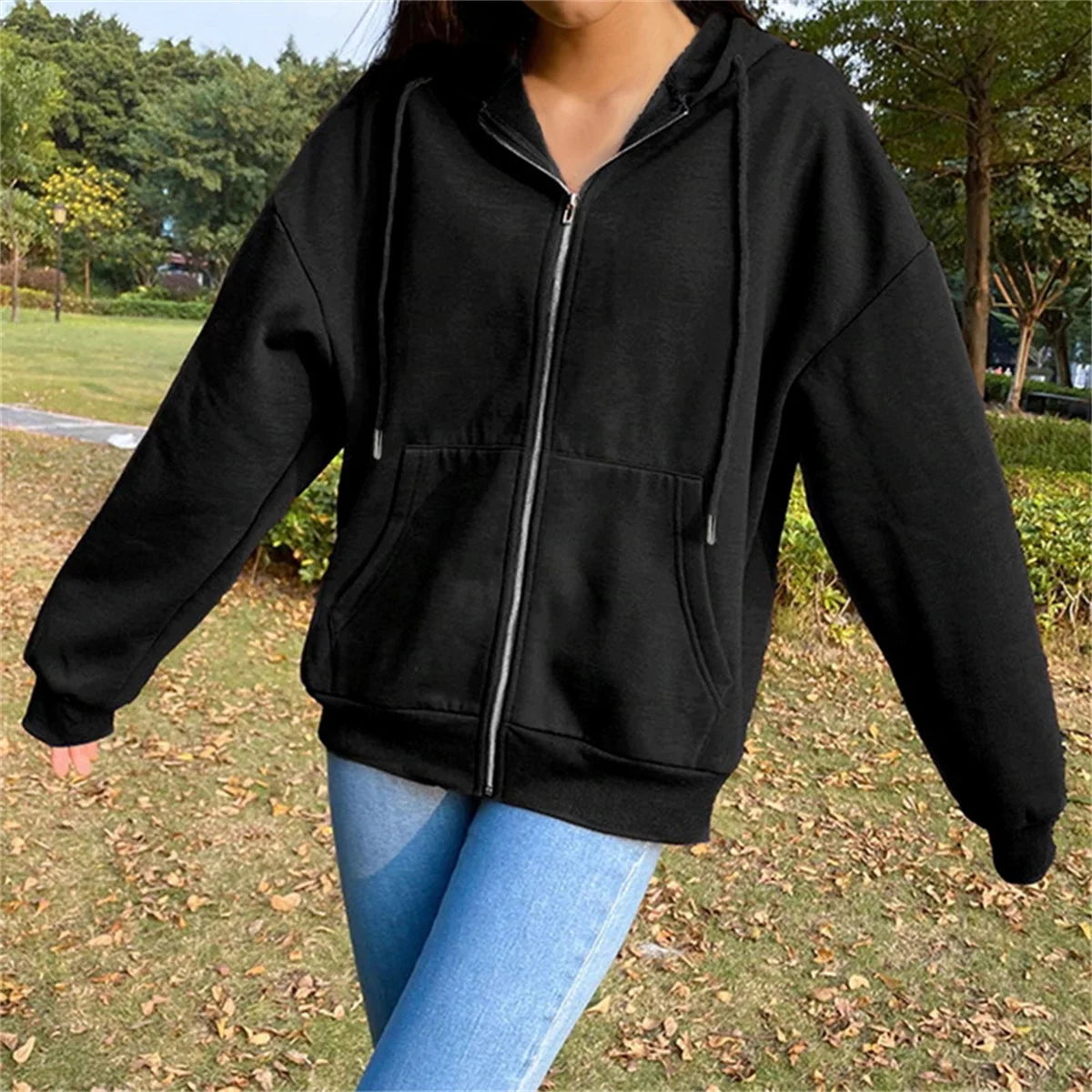 Hoodie Hooded Zip Sweatshirts Long Sleeve Top Drawstring Pockets Loose Zipper Black Hoodies