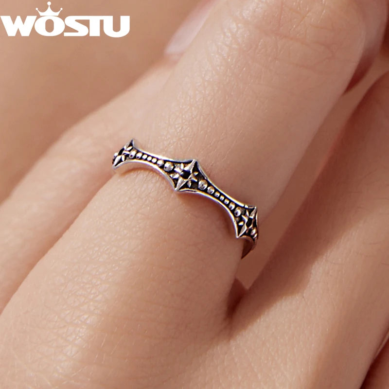 Solid 925 Sterling Silver Vintage Start Beaded Ring With Black Zircon, Black Unique Gothic Wavy Rings Jewelry Punk Gift