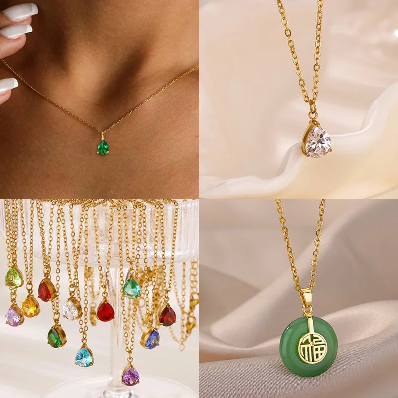 Stainless Steel Teardrop Birthstone Necklaces For Women Gold Color Waterdrop Birthstone Necklace Minimalist Birthday Jewelry