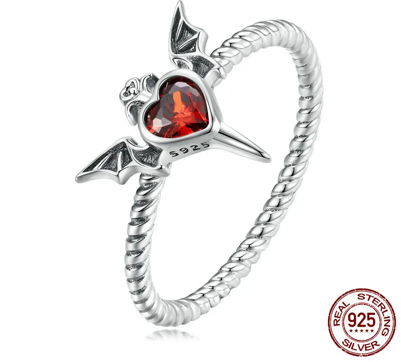 925 Solid Sterling Silver Punk Goth Bat Wings Braided Ring Black Heart CZ Retro Rings for Women Halloween Jewelry Gift Hiphop