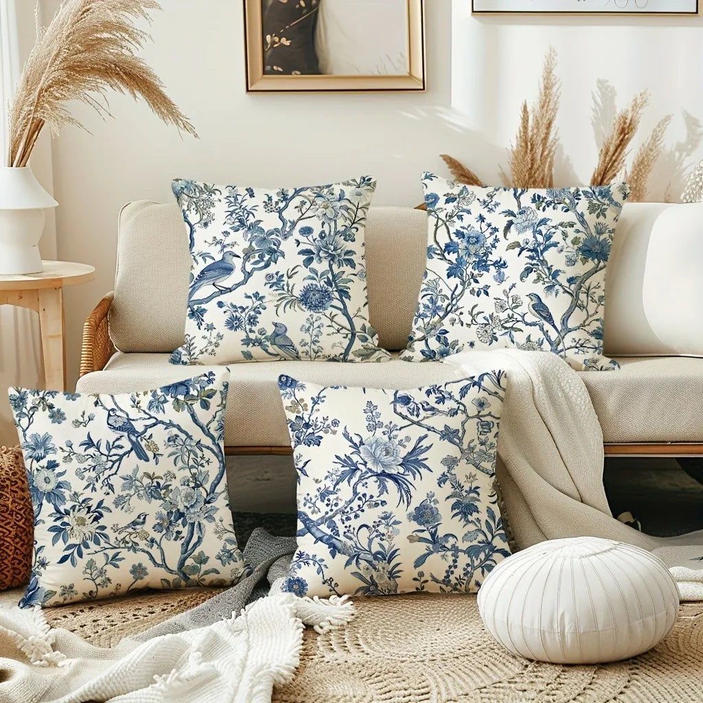 Pack of 2 blue floral bird pattern vintage printed cushion covers living room sofa bedroom room home decoration