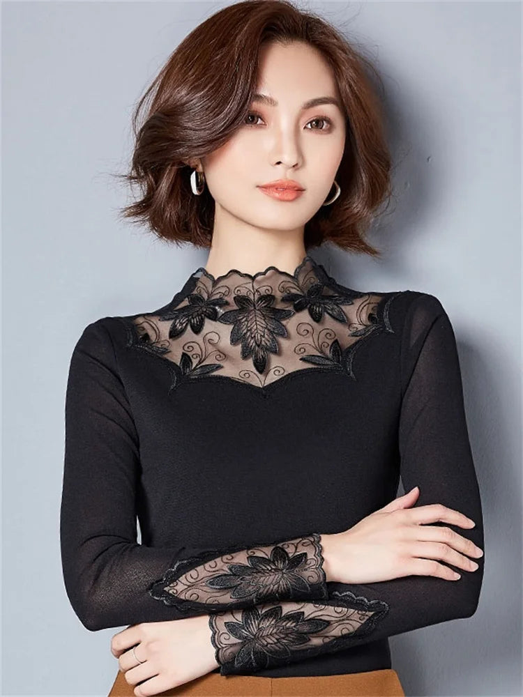 Women Spring Autumn Style Lace Blouses Shirts Casual Long Sleeve Patchwork Spliced Turtleneck Blusas Tops DF1491