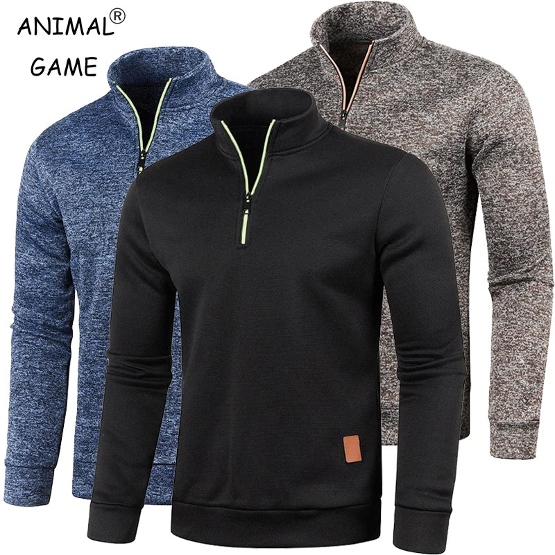 Men's Half Zipper Sweatshirts Long Sleeve Solid Color Pullover Turtleneck Streetwear Winter Warm Jacket Sport Coats